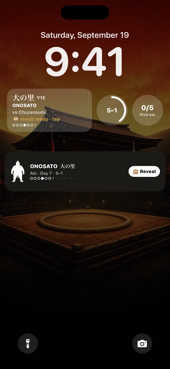 iPhone Lock Screen with Oshi widgets showing Onosato's record and a sealed result