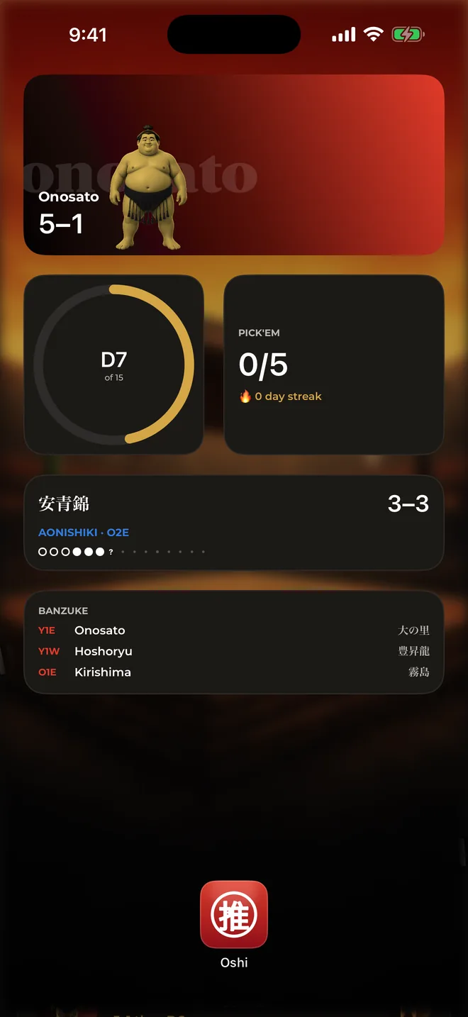 Home Screen with Oshi widgets: rikishi card, basho day ring, pick'em score and banzuke