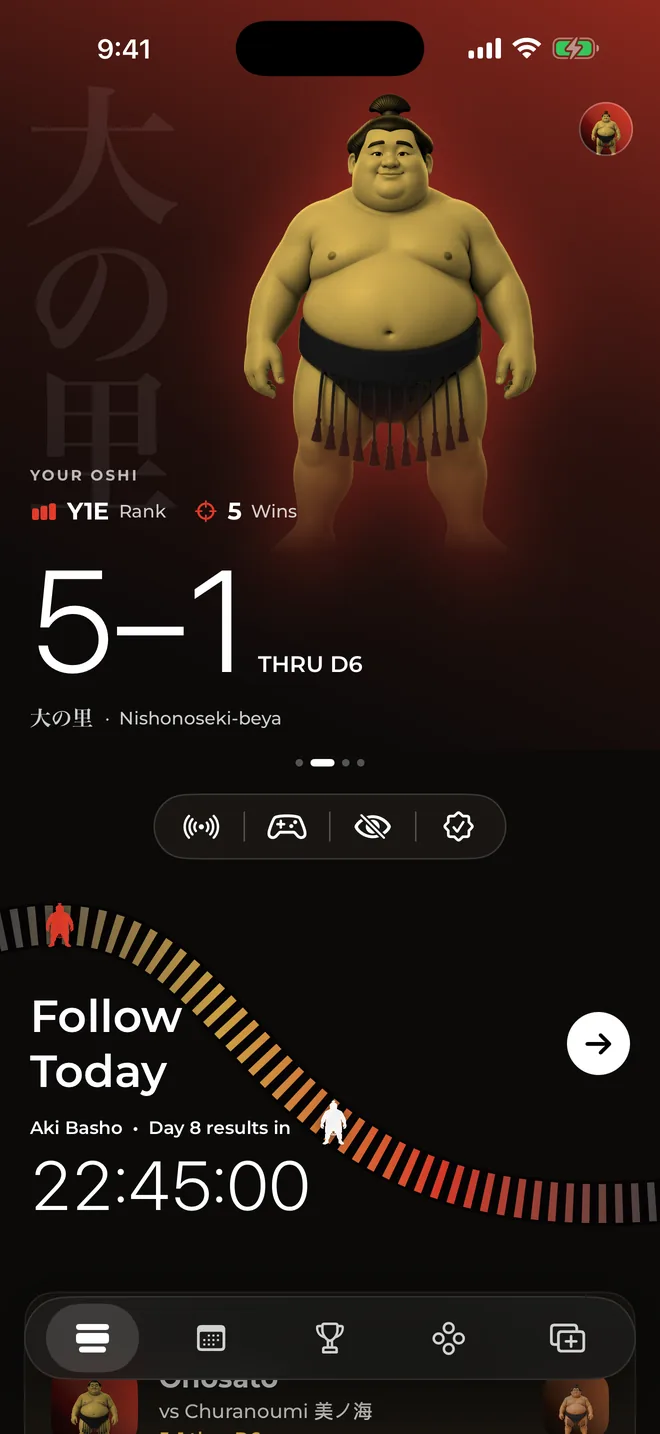 Oshi home dashboard for Onosato with record, rank and the next results countdown